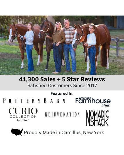 Family of four with three brown horses on farm showcasing Industrial Farm Co's handcrafted products with 41,300 sales and ...