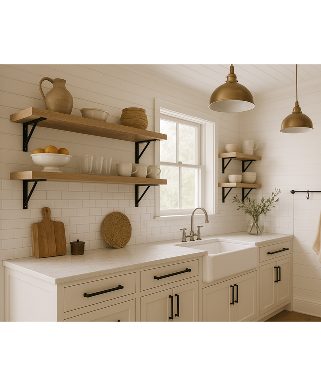 Modern kitchen with white cabinets, wooden shelves, and brass fixtures.