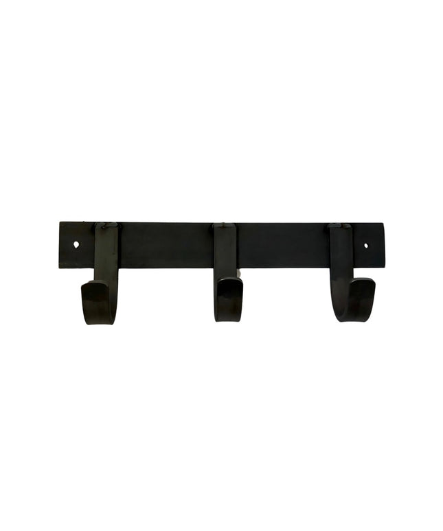 Black metal wall-mounted coat rack with three hooks from Industrial Farm Co, The Mary Style handmade design on white backg...