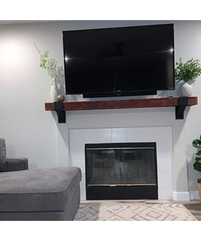 Norfolk Farmhouse Bracket by Industrial Farm Co supporting rustic wood mantel shelf above white fireplace with mounted TV