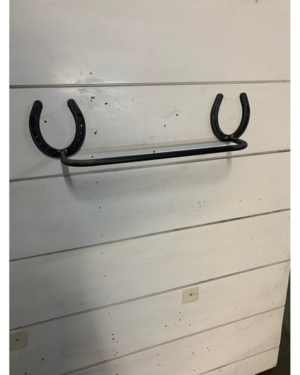 Black horseshoe towel bar mounted on white shiplap wall - The Donahue Horseshoe Blanket & Towel Bar by Industrial Farm Co