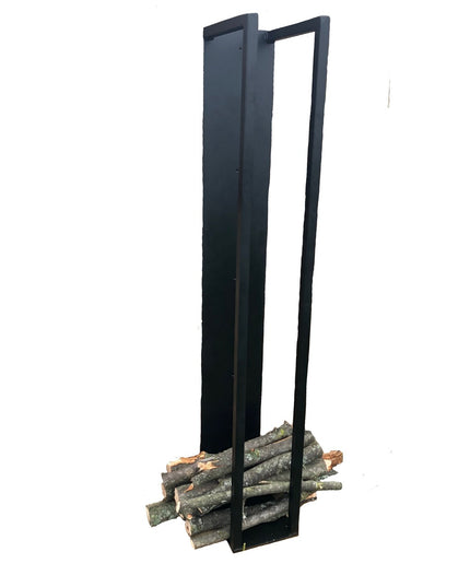 Black metal Toby Firewood Holder by Industrial Farm Co with tall vertical frame holding stacked wood logs