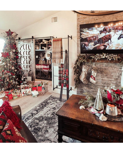Rustic living room featuring Industrial Farm Co Wall Mounted Ossit black metal ladder with sliding barn door mechanism and...