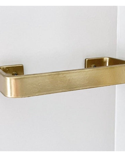 Industrial Farm Co Emma Towel Holder in brushed gold brass finish mounted on white wall, modern rectangular door pull design