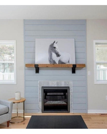 Kudlick Farmhouse Mantel Bracket by Industrial Farm Co - black metal brackets supporting natural wood mantel shelf above m...