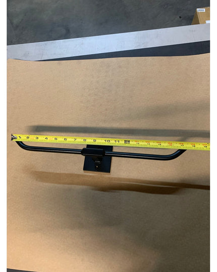 Black metal Fortworth towel bar by Industrial Farm Co with central mounting bracket, measured at 16 inches wide with yello...