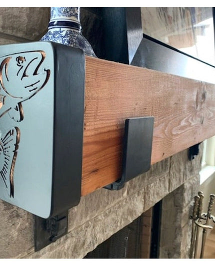Vandiver Trout Mantel End Caps by Industrial Farm Co featuring decorative fish cutout design on gray metal brackets suppor...