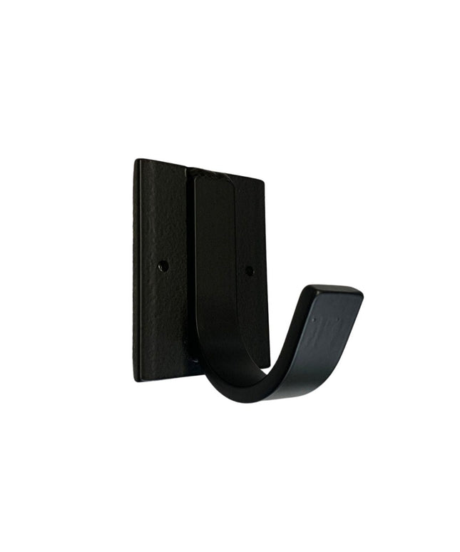 Black iron Dublin Mudroom Hook by Industrial Farm Co with rectangular wall mount plate and curved J-shaped hanging arm on ...