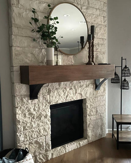 Heavy duty black steel Ninemile 5 inch industrial shelf brackets supporting wood mantel above stone fireplace by Industria...