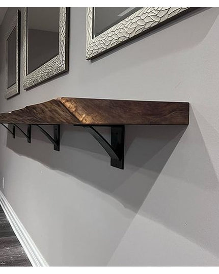 Heavy duty steel Albany Industrial Shelf Brackets in black supporting rustic wood shelf on gray wall, curved support bar d...