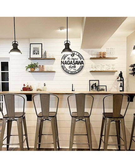 Industrial kitchen with white subway tile backsplash featuring Albany curved steel shelf brackets supporting wooden floati...