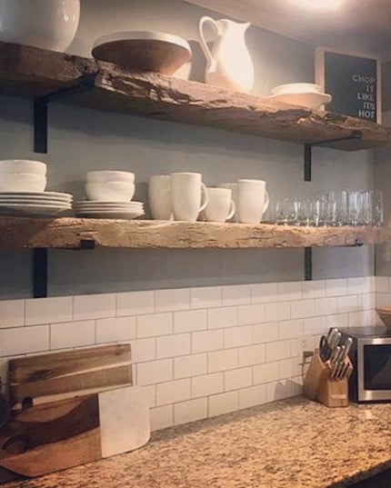 Industrial Farm Co KT Z Style black metal shelf brackets supporting rustic wood shelves with white dishes and bowls in mod...