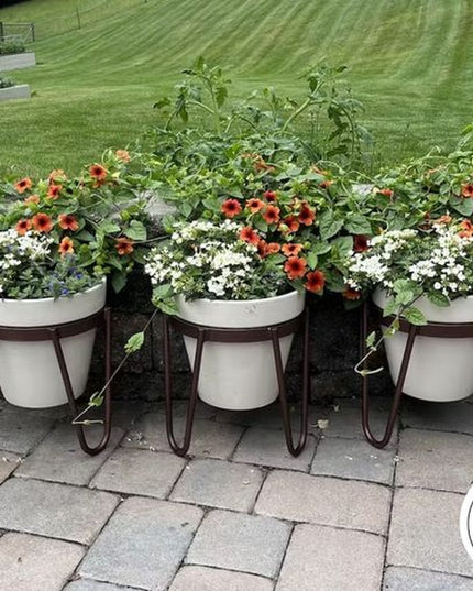 Three white Dorio Raised Planters by Industrial Farm Co with dark metal stands on brick patio, filled with colorful flower...