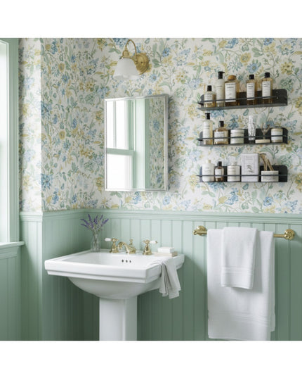 Matte black metal wall shelves mounted in sage green bathroom displaying toiletries and beauty products - Industrial Farm ...