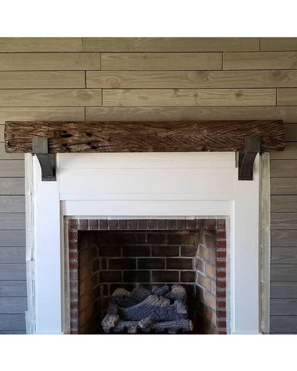 Kudlick Farmhouse Mantel Bracket by Industrial Farm Co - rustic wood mantel with black metal corbels supporting white fire...