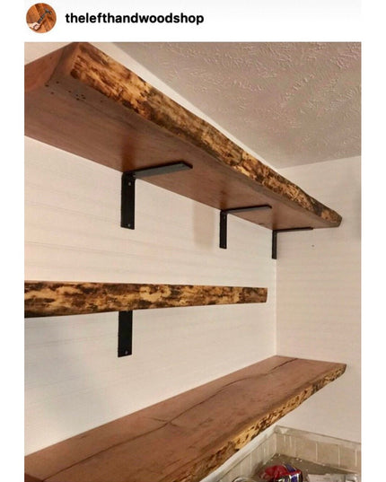 Black metal Lucas L Bracket shelf supports holding rustic live edge wood shelves on white wall - Industrial Farm Co floati...