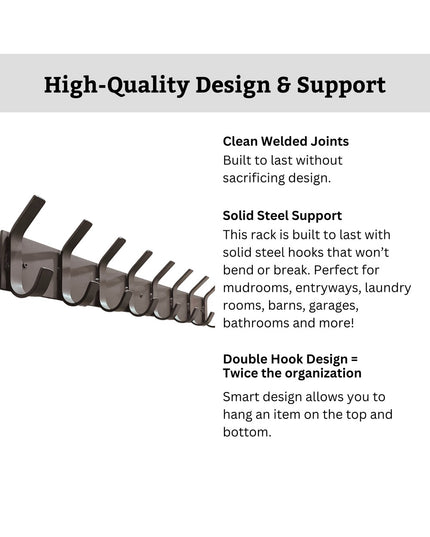 Riseform Wall Mounted Metal Coat Rack by Industrial Farm Co featuring 8 black steel double hooks with clean welded joints ...