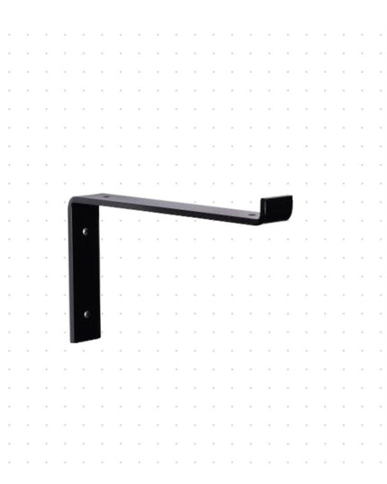 Black metal Z-style shelf support bracket by Industrial Farm Co with mounting holes, shown against white dotted background
