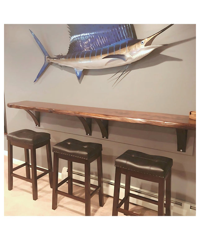 Hattie Style black metal shelf bracket supports mounted under wooden wall shelf with bar stools, Industrial Farm Co hardware