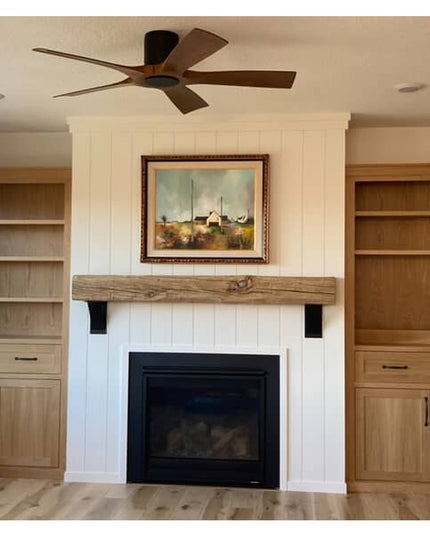 Heavy duty steel Ninemile 5" industrial shelf brackets supporting wooden mantel above fireplace with built-in cabinets by ...