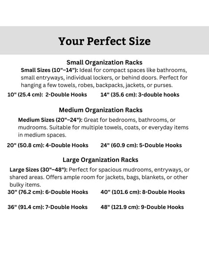 Industrial Farm Co Riseform wall mounted metal coat rack sizing guide showing small, medium and large organization rack op...