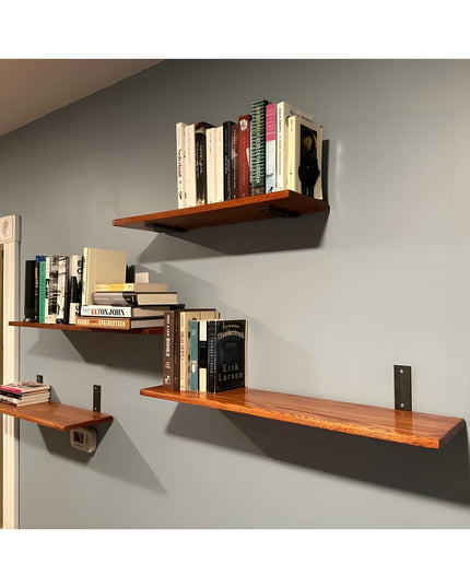 Heavy duty steel L-bracket shelf supports holding wooden floating shelves with books on gray wall, Industrial Farm Co Lafa...