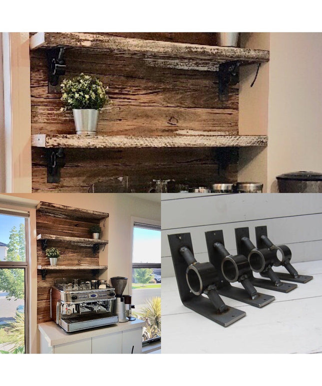 Black metal Glen Cove Modern Shelf Supports by Industrial Farm Co mounted on rustic reclaimed wood floating shelves in mod...
