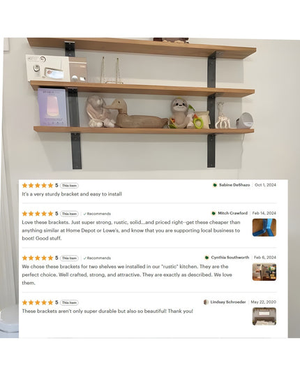 Black steel L-shaped shelf brackets supporting two wooden shelves on white wall, displaying baby items and toys with 5-sta...