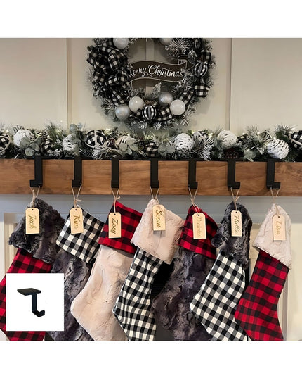 Industrial Farm Co Annie Stocking Holder in natural wood with black metal hooks displaying Christmas stockings and garland