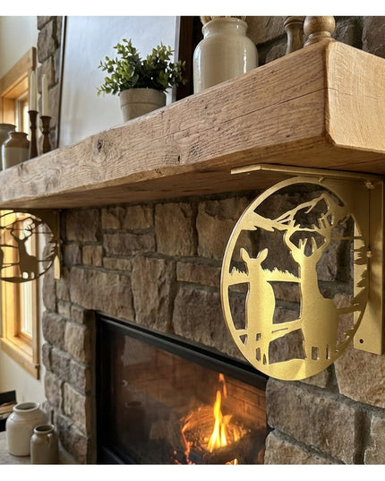Handcrafted golden metal deer landscape L-bracket supporting rustic wood mantel shelf above stone fireplace by Industrial ...
