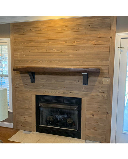 Heavy duty black steel Albany 4" shelf brackets supporting rustic wood mantel on shiplap fireplace surround by Industrial ...