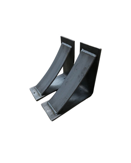 Heavy duty black steel curved shelf brackets from Industrial Farm Co, showing welded construction and mounting holes for w...