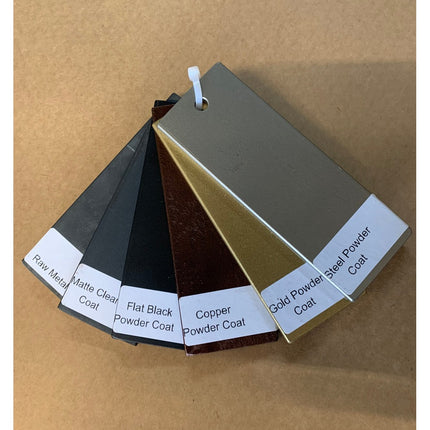 Skaneateles Falls steel finish sample kit by Industrial Farm Co showing 6 handcrafted powder coat swatches in fan arrangem...