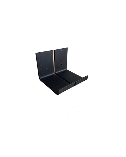 Black metal J-shaped shelf bracket with mounting holes from Industrial Farm Co, showing powder-coated steel construction a...