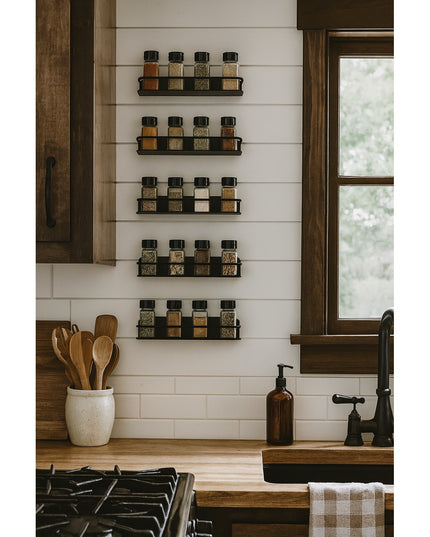 Herdon matte black metal wall mounted spice racks holding glass jars with spices in rustic farmhouse kitchen with wood cab...