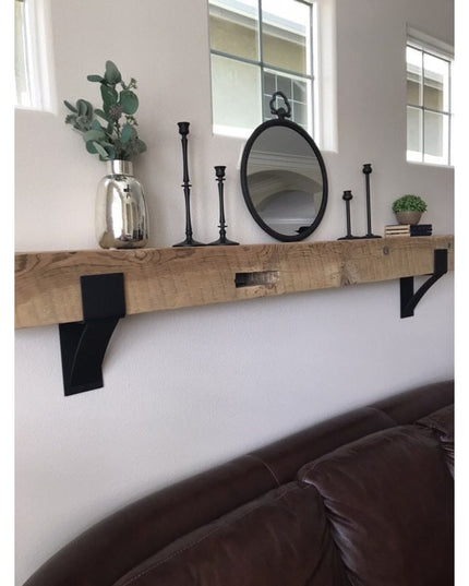Kudlick Farmhouse Mantel Bracket by Industrial Farm Co supporting rustic wood floating shelf with black metal corbels and ...