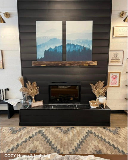 Rustic wooden Glimmerglass J Shelf mantel bracket by Industrial Farm Co supporting live edge wood shelf above black stone ...