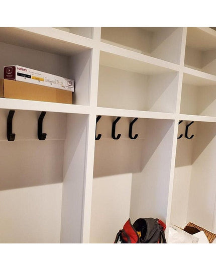 Black double hook hardware mounted in white wooden mudroom cubbies with storage compartments - The Henrietta 1" Wide Doubl...