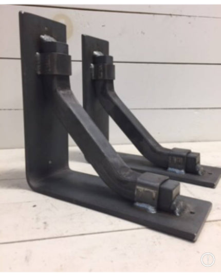 Black metal industrial shelf brackets from Industrial Farm Co featuring triangular support design with mounting holes on w...