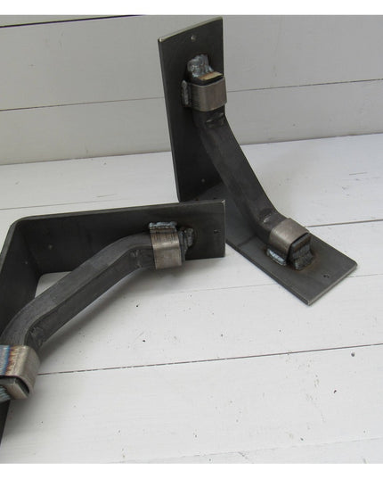 Black metal industrial shelf support bracket with adjustable clamps and mounting hardware from Industrial Farm Co, display...