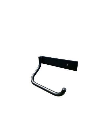 Black metal Howlett Hill Toilet Paper Holder by Industrial Farm Co with curved arm and rectangular wall mount plate