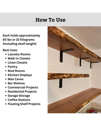 Industrial Farm Co Lucas L Bracket black steel shelf supports holding rustic live edge wood floating shelves on white wall