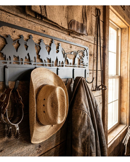 Western Charm black metal wall-mounted coat rack with cowboy silhouette cutout holding brown cowboy hat and leather jacket...