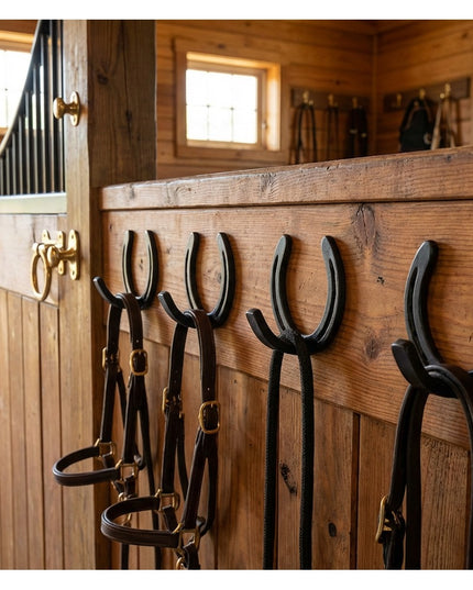 Heavy duty black metal horseshoe wall hooks mounted on rustic wooden stable wall displaying horse bridles and tack equipment
