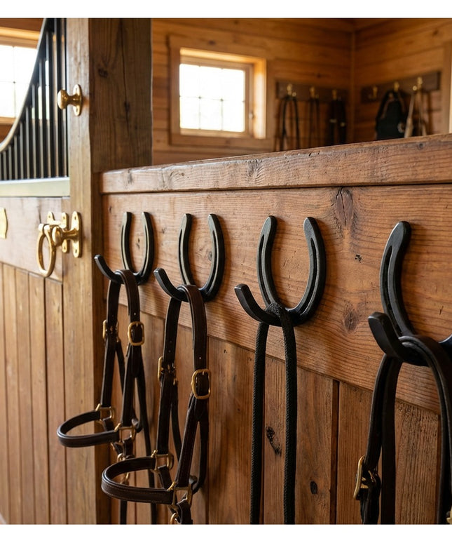 Heavy duty black metal horseshoe wall hooks mounted on rustic wooden stable wall displaying horse bridles and tack equipment