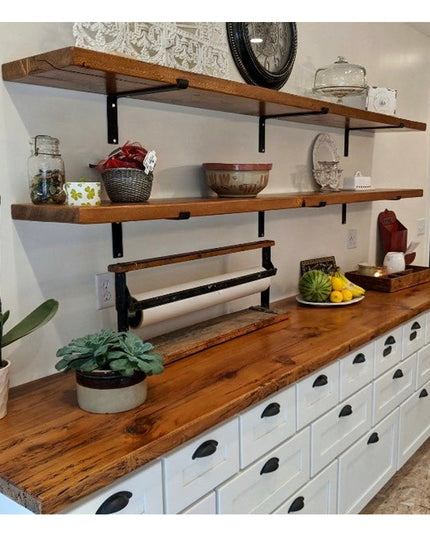 Black metal KT Z Style Shelf Support brackets by Industrial Farm Co holding rustic wood shelves in farmhouse kitchen with ...