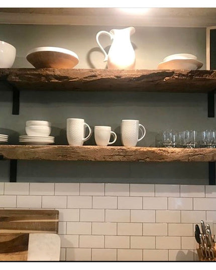 Rustic wooden floating shelves with black KT Z Style Shelf Supports displaying white dishes and glassware in modern farmho...