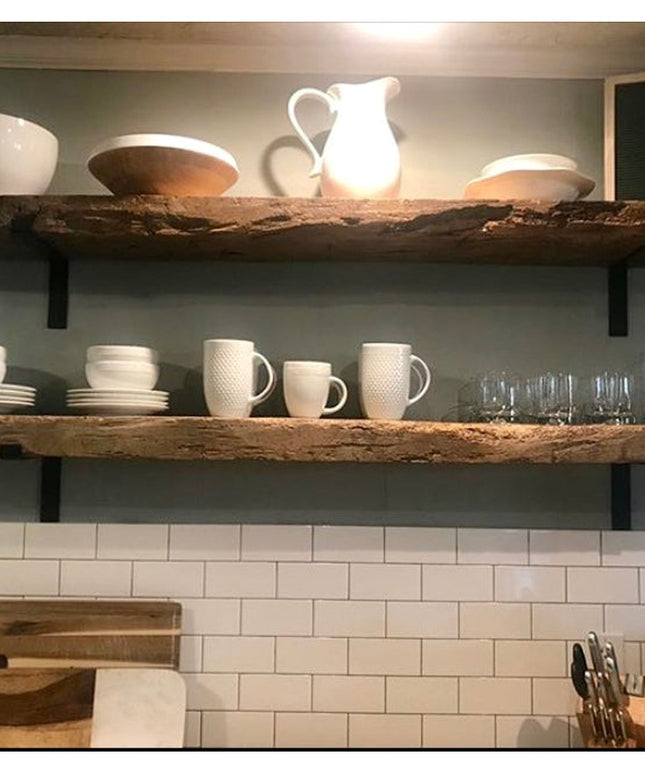 Rustic wooden floating shelves with black KT Z Style Shelf Supports displaying white dishes and glassware in modern farmho...