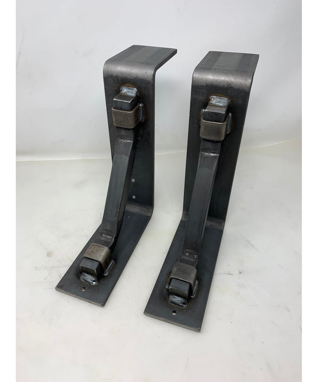 Black steel Bison 3" mantel brackets with square support bars and metal straps by Industrial Farm Co, heavy duty handmade USA