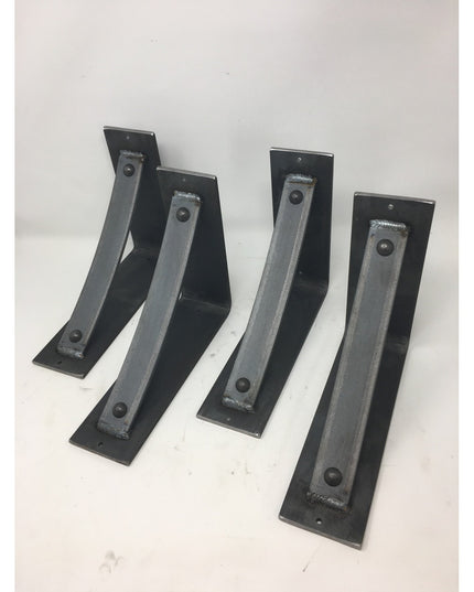 Four black metal Cortland 3" shelf brackets with rivets by Industrial Farm Co, featuring L-shaped design with mounting hol...